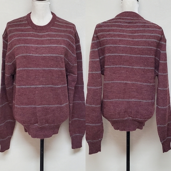 VINTAGE 70s Arrow Blazer Collection Knitwear Maroon Grey Striped Sweater Medium - Picture 1 of 10